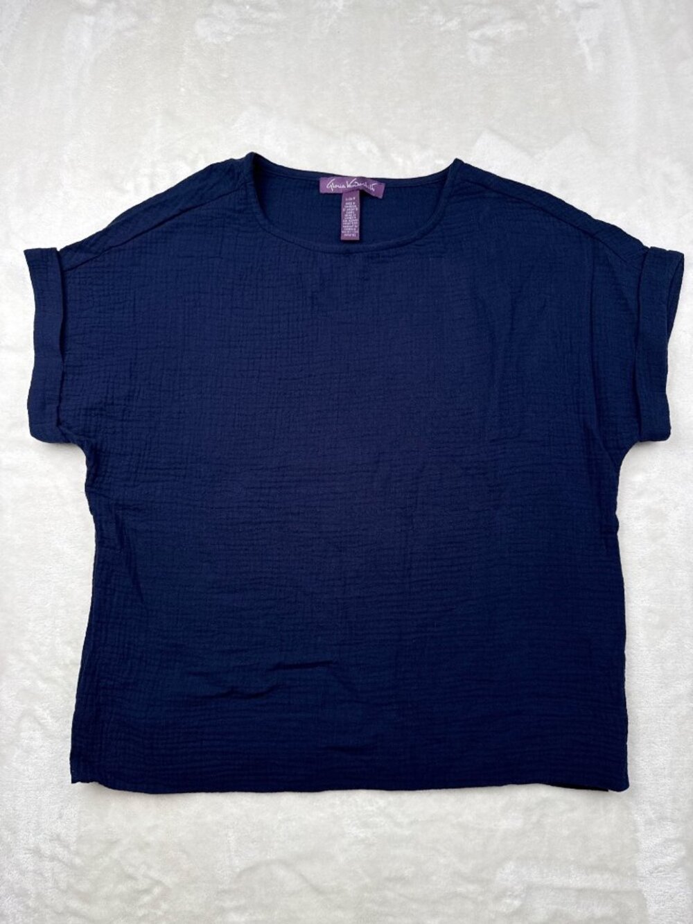 Gloria Vanderbilt Womens Navy Blue Short Sleeve Textured Cotton Top Size S